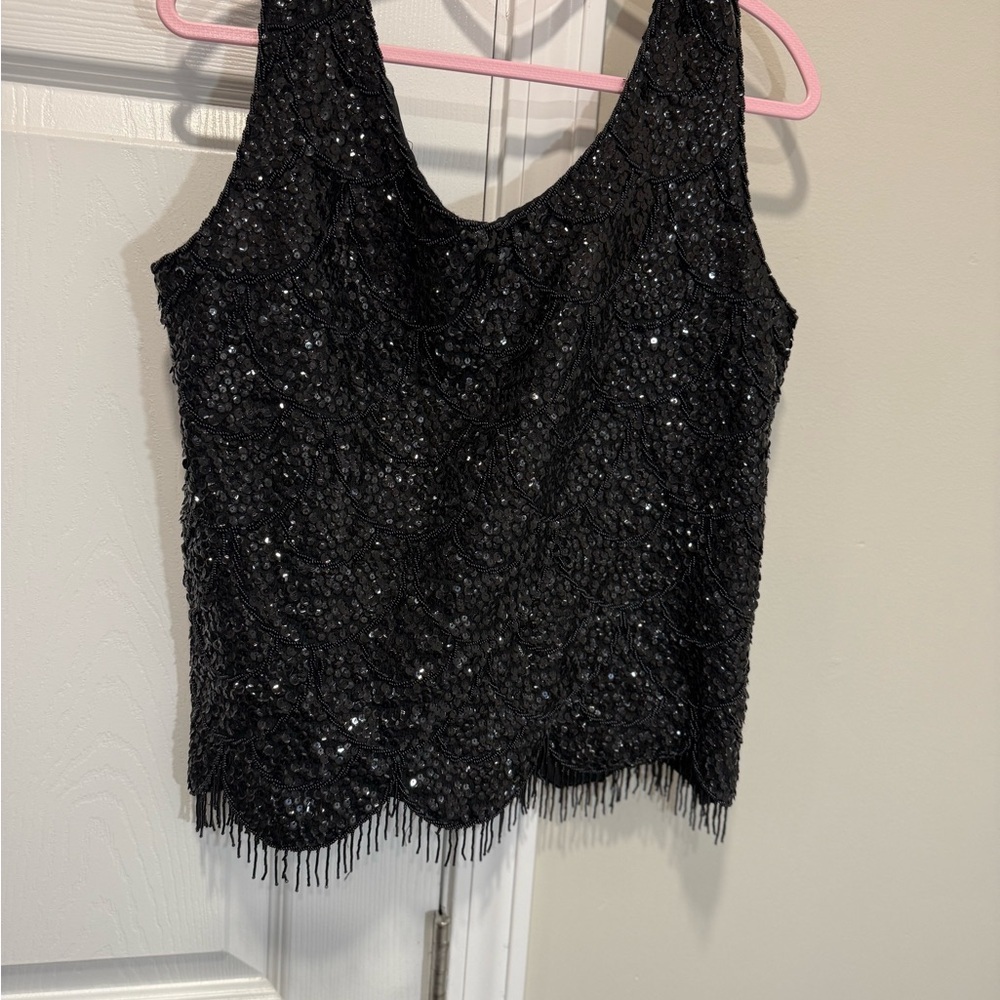 Vintage HONG KONG BLACK SPARKLY BEADED SEQUINS EVENING 100% WOOL
TOP SZE M - Picture 9 of 10